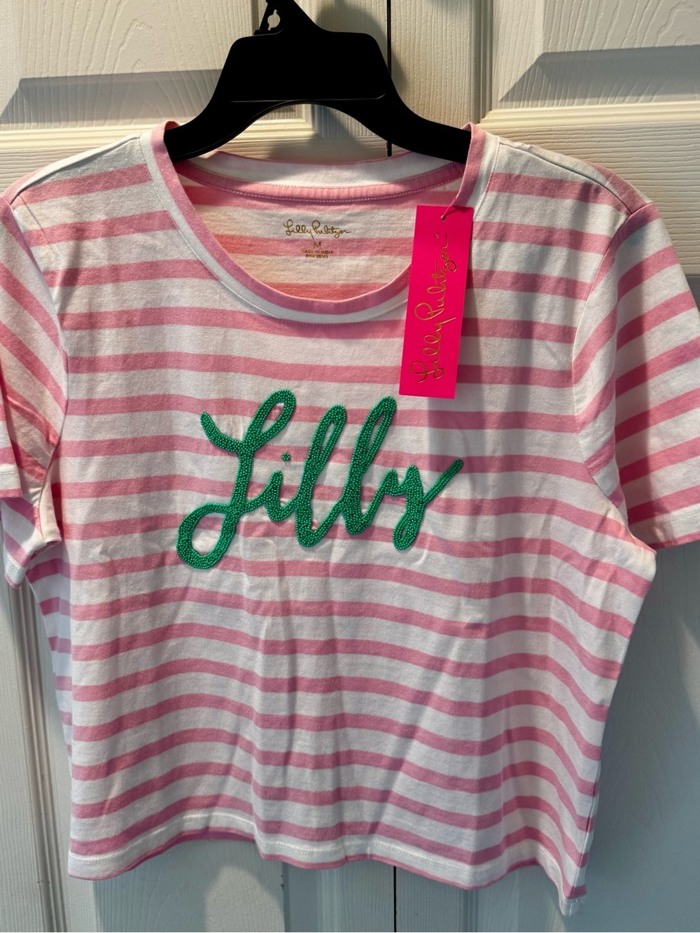 Lilly Pulitzer Women’s Pink and White Striped Tee with Green Beaded Script Logo